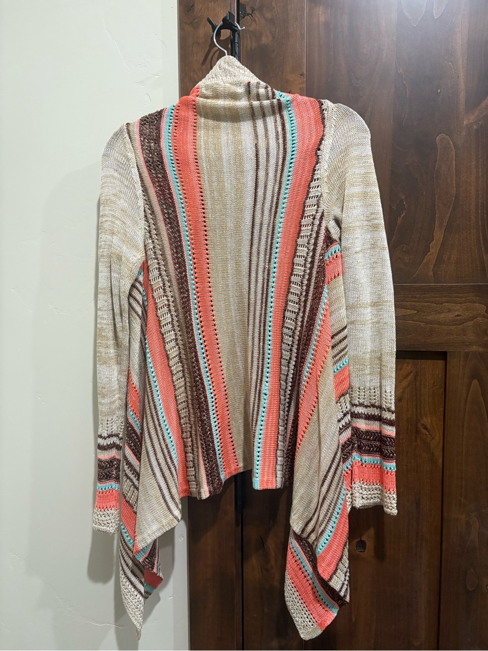Francesca's Collections Striped Open-Front Cardigan in Coral, Aqua & Cream
